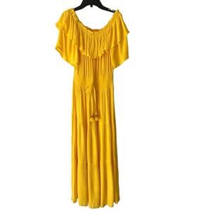 River Island Yellow Off Shoulder Yellow Midi Gauzy Tassel Dress Tiered size 10